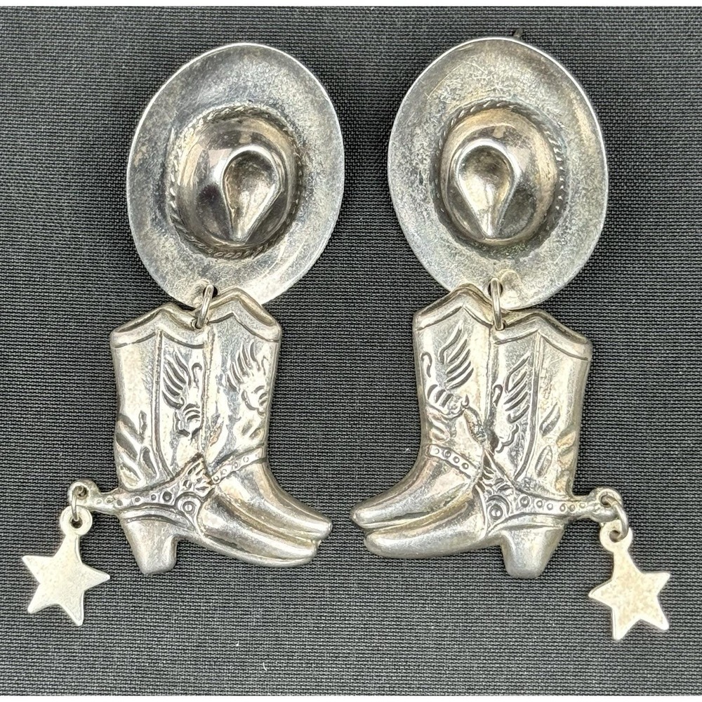Sterling Silver Cowboy Boot Hat Post Dangle Earrings Western Rodeo 925 Thailand